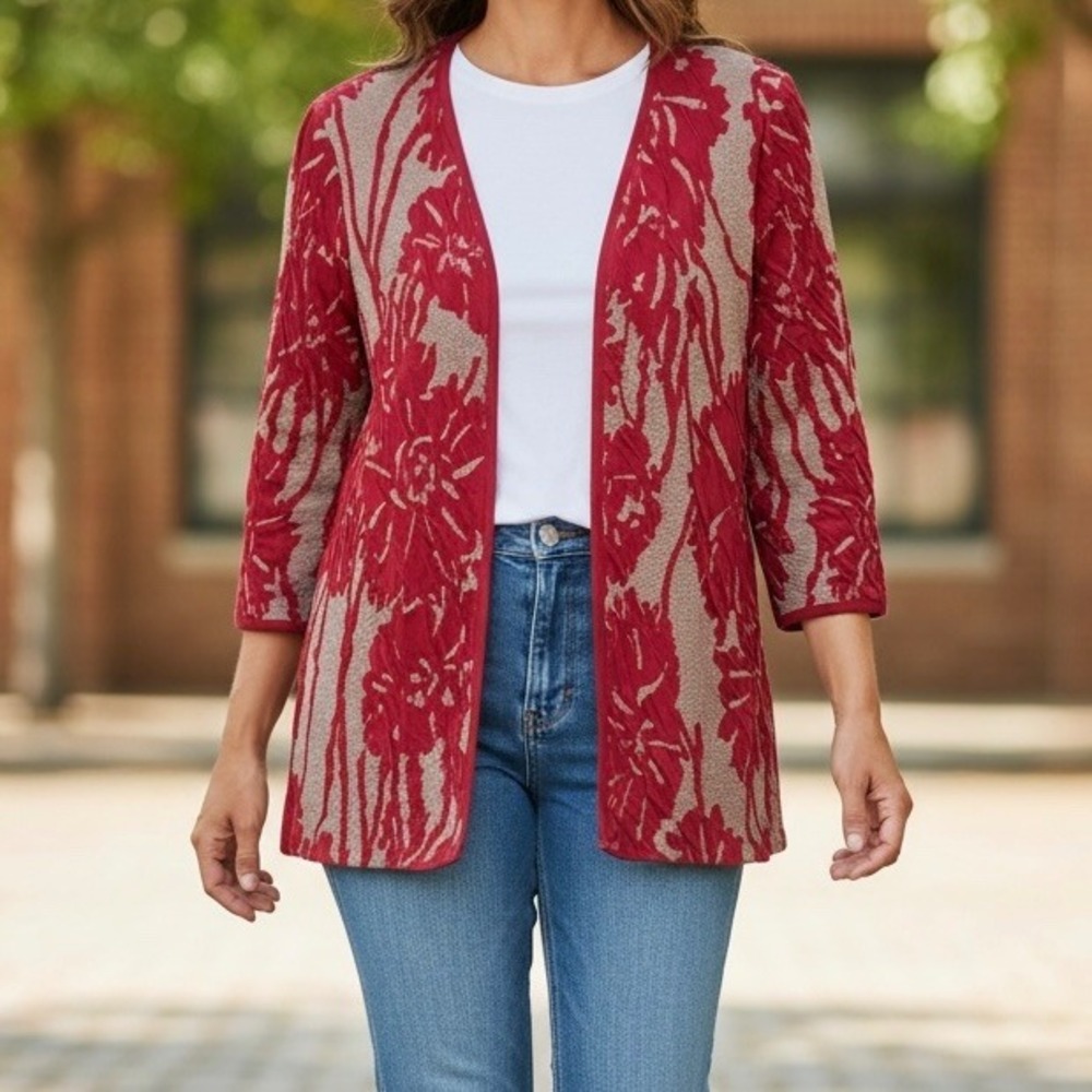 Chico's Travelers Exploded Floral Textured Open Cardigan Sz M Red Gold Old Money